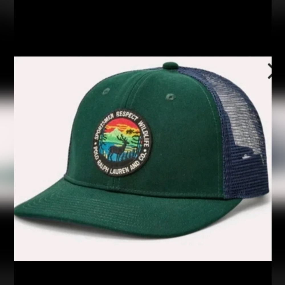 Polo Ralph Lauren Logo Patch Wildlife Twill Trucker Hat Green/Navy NWT